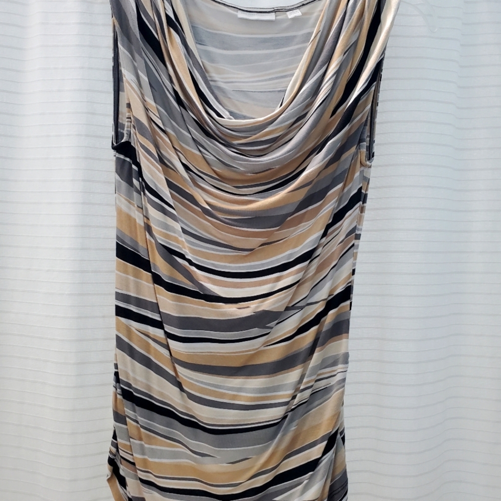 New York & Company: small gold, grey, white, black striped sleeveless top